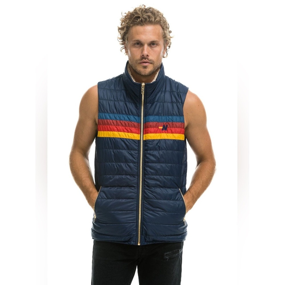 Aviator Nation Navy Quilted 4 Stripe Sherpa Vest Blue Red Gold Mens L NWT
